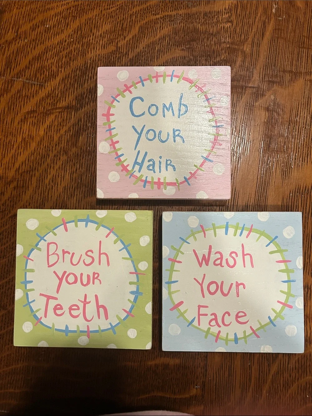 Set of 3 Pastel Bathroom Reminder Wall Signs - Comb Hair, Brush Teeth, Wash Face